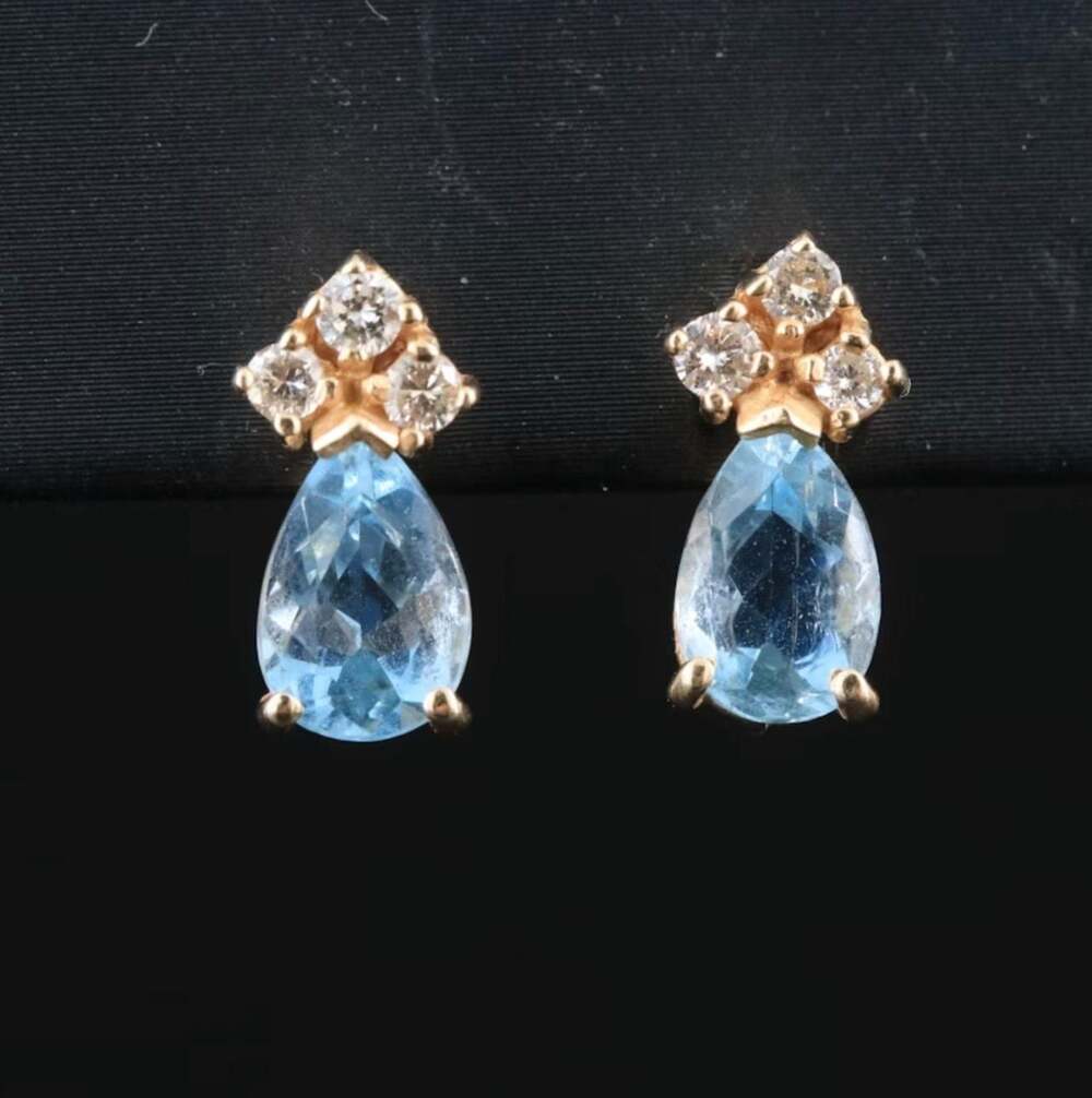 14k Yellow Gold Pear-Shaped Aquamarine and Diamond Dangle Earrings